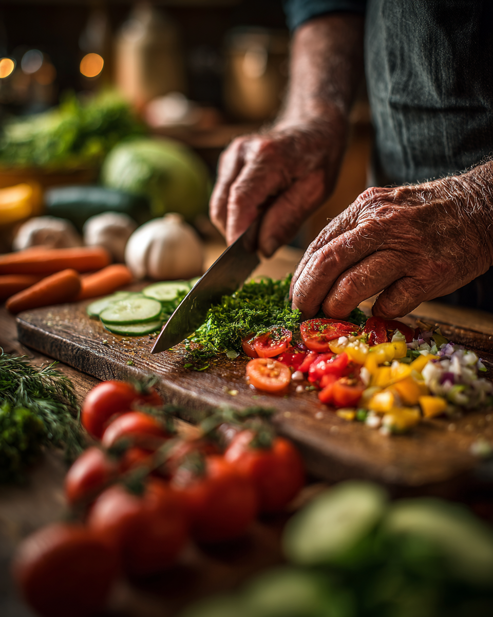 Възрастна двойка готви здравословна храна